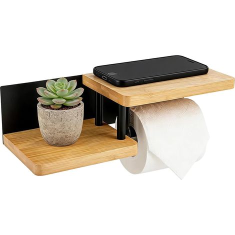 Porte-rouleau de papier toilette avec étagère en bois, sans perçage, en acier et bambou, autocollant ou à percer, pour salle de bain, cuisine, toilettes, couleur bois naturel (1/5)