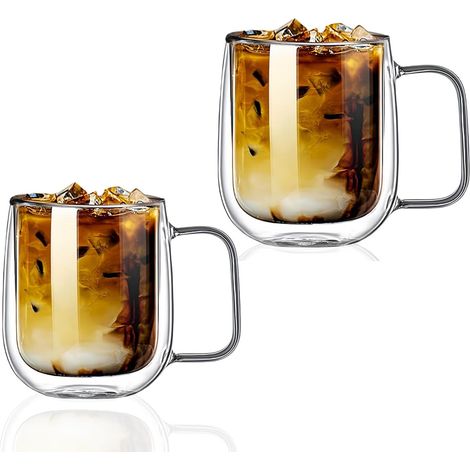 2er-Pack doppelwandige Glas-Kaffeebecher mit Henkel, thermoisolierte, transparente Becher für Americano, Latte, Espresso, Tee (1/5)