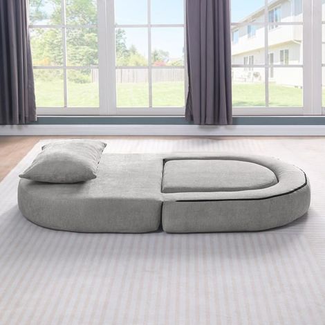 Canapé‑lit futon pliable compressible modulable avec coussins — méridienne réversible gris clair