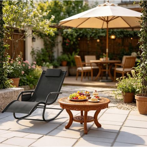 Chaise longue à bascule 152/62/83 cm noire en métal avec assise ergonomique (1/4)