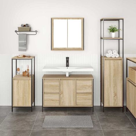 Badezimmermöbel Set mit Regal 3 pcs Sonoma-Eiche und Schwarz
