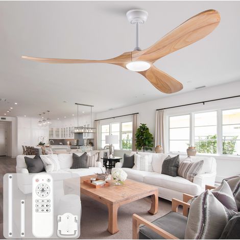 Ventilador de techo 60 pulgadas con LED regulable, 6 velocidades, mando a distancia, madera natural y blanca (1/5)