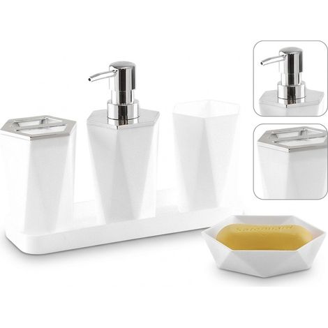 Set de salle de bain 5 pièces, couleur blanc, comprenant distributeur de savon, gobelets, porte-savon et plateau, design moderne et épuré, matériau résistant, ensemble complet pour votre salle de bain (1/5)
