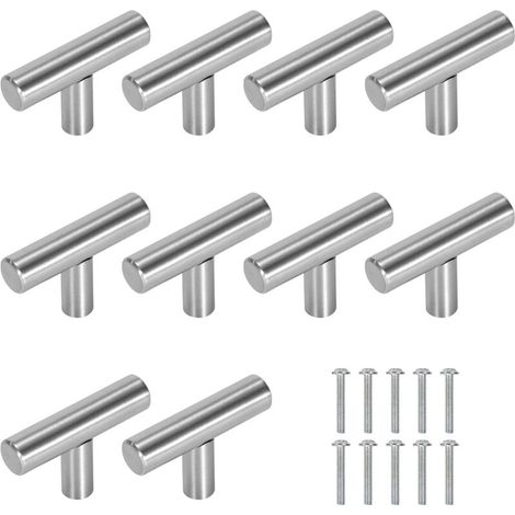 10 Pack Kitchen Cabinet Handles, 50mm Stainless Steel T-Shaped Pulls for Drawers, Cabinets, Doors, Bathroom, Bedroom & Wardrobes (1/5)