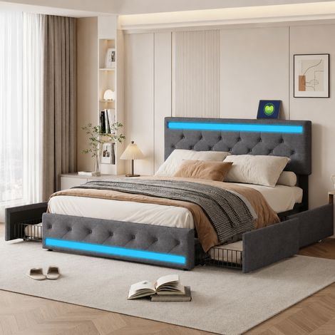 Lit 180x200 avec sommier et 4 tiroirs, Lit double avec led et port usb, Cadre de lit 2 personnes pour adultes et ados, Gris lin lit capitonné (1/5)