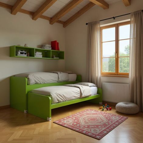 Coppia letti singoli scorrevoli con ruote e contenitori - Made in Italy - Verde mela