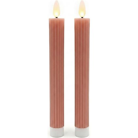 Velas LED Relaxdays, set de 2, HxD: 25 x 2 cm, llama parpadeante, cera real, con estrías, sin llama, rosa antiguo