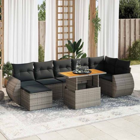 Ensemble de jardin en résine tressée gris 8 places avec table réglable, coussins amovibles et rangements - Salon extérieur modulaire (1/5)