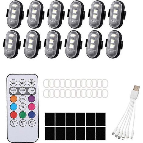 Juego de 12 luces estroboscópicas LED inalámbricas de 8 colores, luces de señalización RGB con control remoto para automóviles, motocicletas y drones. (1/5)