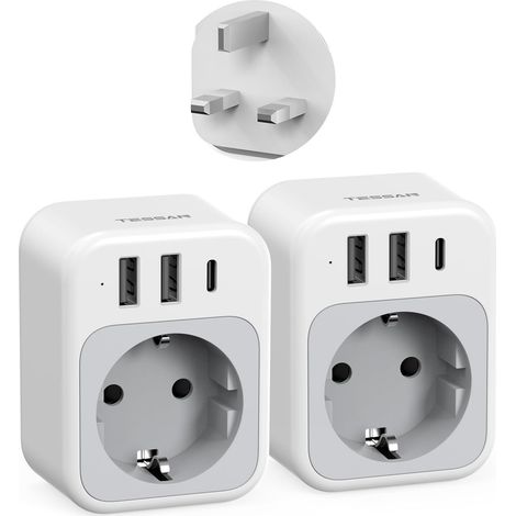 Lot de 2 Adaptateur Prise Anglaise, Adaptateur UK avec USB C Adaptateur UK vers France avec 3 USB, Anglaise Adapter Francais 3250 W, Adaptateur Type G Pour Irlande Écosse Saoudite (1/5)