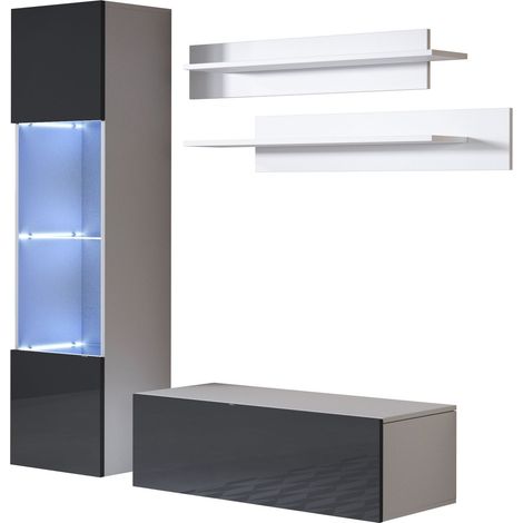 Mobile da Soggiorno con LED  Mobile TV Parete  Composizione Set Salotto  160cm  Modello Luke 3C  Bianco e Nero Finitura Lucida