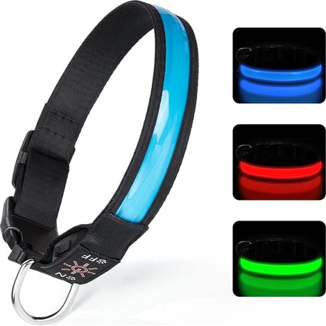 Collare per cani ricaricabile tramite USB, collare per cani a LED regolabile con 3 modalità di luce per cani di taglia piccola, media e grande che camminano in sicurezza di notte - Blu - M (1/5)