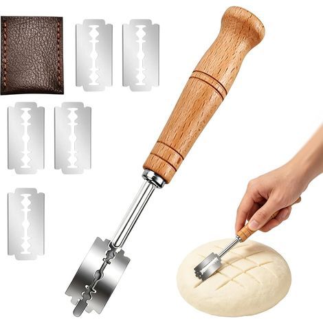 Baker's Blade, Bread Razor, Baker's Knife, Stainless Steel Baker's Blade, Bread Baker's Blade, Wood Bread Making Razor, Dough Blade, Kitchen Bakery Accessory (5 Blades + 1 Leather) (1/5)