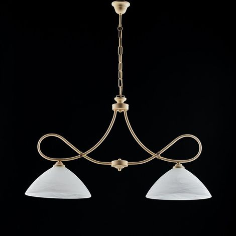 Elfenbeinfarbener Kronleuchter aus Eisen mit zwei Lichtern weißer Lampenschirm aus Alabasterglas 92x h50 cm