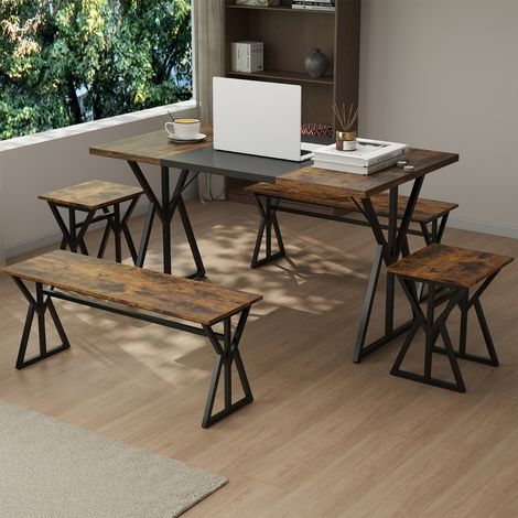 Ensemble de Salle à Manger 5 Pièces pour 4 à 6 Personnes Table de Cuisine Industrielle avec 2 Bancs et 2 Tabourets Marron Rustique (1/3)