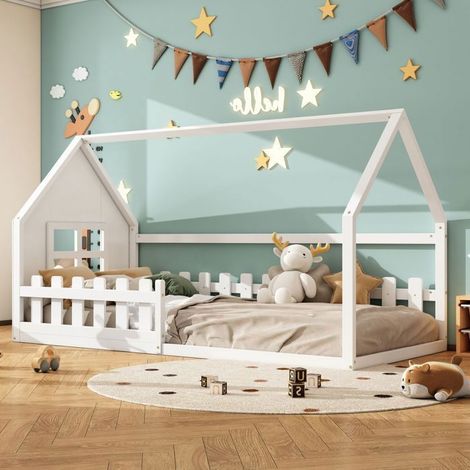 Lit Cabane Enfant 90x200cm Bois Pin Massif Blanc Design Au Sol - Lit Enfant - Sommier Lattes Inclus Cadre Maison Solide Sans Matelas (1/5)