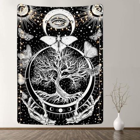 Tapisserie papillon, tapisserie arbre de vie, tapisserie soleil et lune, tapisserie squelette noir et blanc pour chambre, 150 x 130 (1/5)