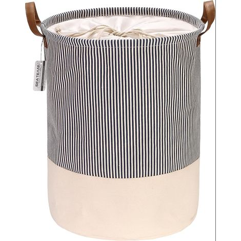 Panier à linge en tissu à rayures avec poignées en cuir PU et fermeture à cordon de serrage, 17,7 x 13,8 pouces, intérieur imperméable, bleu marine (1/5)