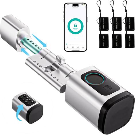 Intelligentes Türschloss mit elektronischem Fingerabdrucksensor und verstellbarer Länge. Intelligentes Türschloss mit RFID-Karte, App, WLAN, Bluetooth, 60–90 mm, kompatibel mit Verlängerungen, silberf (1/5)