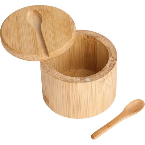 Salière et poivrière en bambou – Salière divisée avec couvercle pivotant et cuillère, récipients d'assaisonnement avec couvercle magnétique pour garder au sec, mini cuillère intégrée sur le dessus (1/5)
