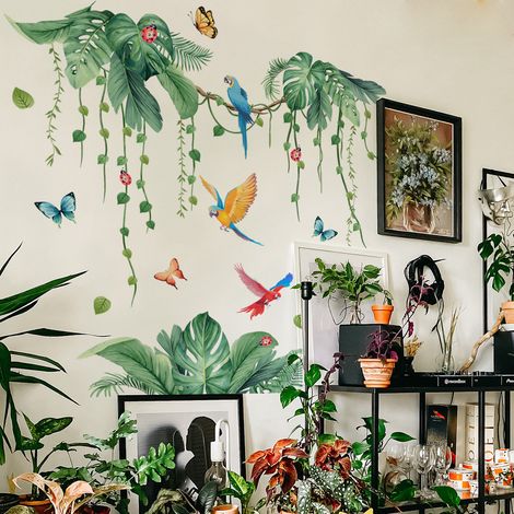 Stickers Muraux Feuilles Tropicales Vertes, Autocollant Mural Feuille de Palmier – Décoration Murale Adhésive Amovible pour Salon, Chambre, Fond TV et Salle de Bain (1/5)