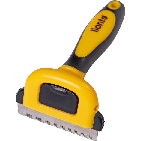 lionto Unterwollbürste, Edelstahl-Fellbürste mit Knopfreinigung, ergonomisch & hautschonend, für alle Felltypen, gelb/schwarz