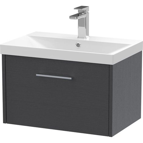 Winshill Contemporary 1 Drawer Wall Hung Vanity Unit with Thin Edge Basin, Woodgrain Dark Grey, 600mm