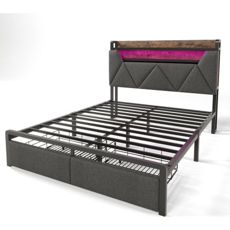 Polsterbett mit USB Typ C Ladefunktion Stauraum-Kopfteil und LED-Beleuchtung und Schubladen, Einzelbett Stauraumbetten Bettgestell mit Lattenrost aus Metallrahmen(Ohne Matratze)