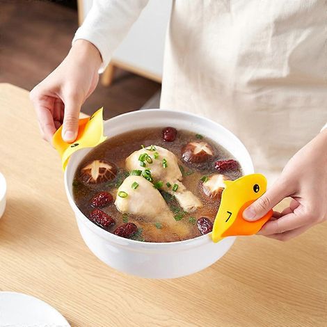 Lot de 2 gants de cuisine en silicone isolants thermiques avec pince pour plaque chauffante et dessous de plat en forme de canard. (1/4)