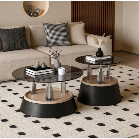 Lot de 2 tables basses gigognes rondes en verre trempé et métal noir (1/5)