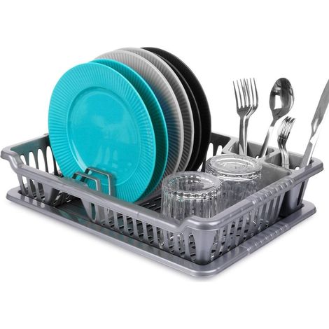 Egouttoir a vaisselle gris avec plateau amovible pour un nettoyage facile