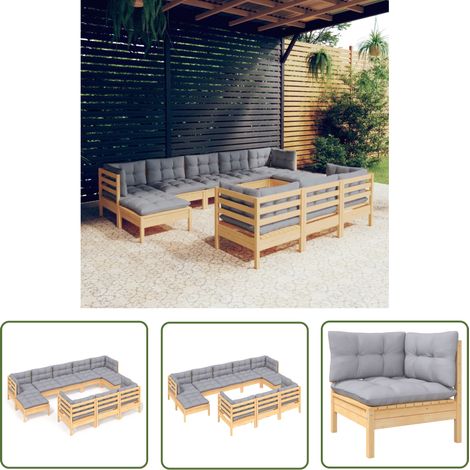 The Living Store Salon de jardin 10 pcs avec coussins gris bois de pin massif - Salon De Jardin - Mobilier De Jardin - Ensemble Salon De Patio - Meubles De Jardin - Set Salon De Jardin (1/5)