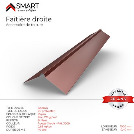 Bravo The Smart Solution – Faîtière droite bac acier – Tôle de couverture – Rouge Oxyde RAL 3009 – Longueur 1m – Épaisseur 0.40mm pour couverture légère (1/2)