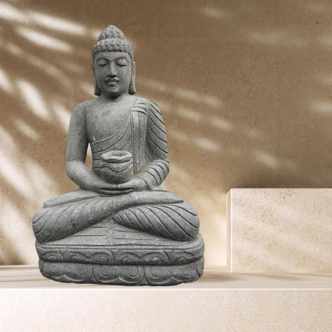 Statue de bouddha en pierre jardin zen position offrande 1,20 m (1/4)