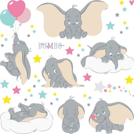 sticker mural Dumbo gris, rose et jaune  - Disney