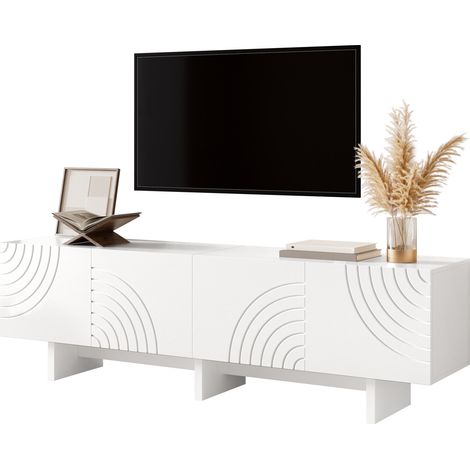 Meuble TV blanc 4 portes avec motifs géométriques en arche, frontons en relief, rangement fermé et passe-câbles, 170 cm, style moderne pour salon - CHICFURN (1/5)