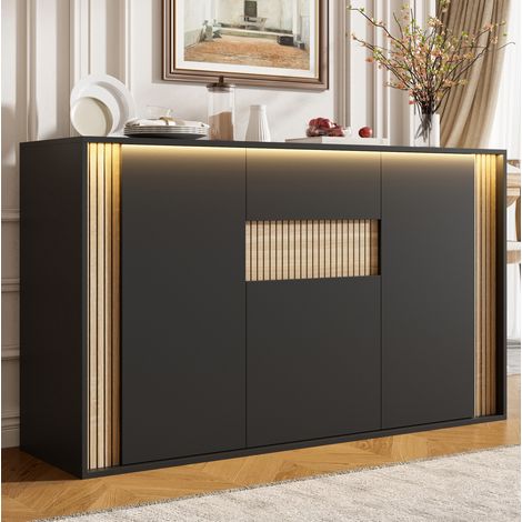 Buffet de rangement 3 portes, 1 tiroir et éclairage LED réglable, rangement pour salon, 140x40x82 cm, noir naturel (1/5)