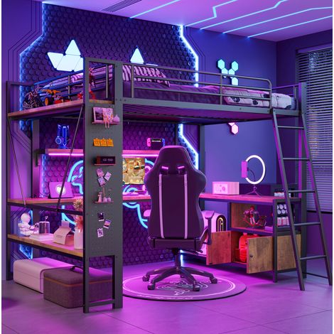 Cama alta dormitorio con escritorio y LED negra OKMYHOME (1/5)