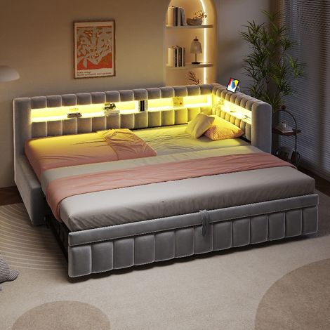 Polsterbett mit ausziehbarem Gästebett und LED-Beleuchtung, 90x200 cm Schlafsofa mit USB-Anschluss und Ablagefächern, Samtstoff Hellgrau (1/5)