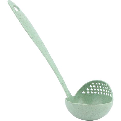 Cuillère à soupe 2 en 1 en paille de blé avec long manche et passoire intégrée (verte)