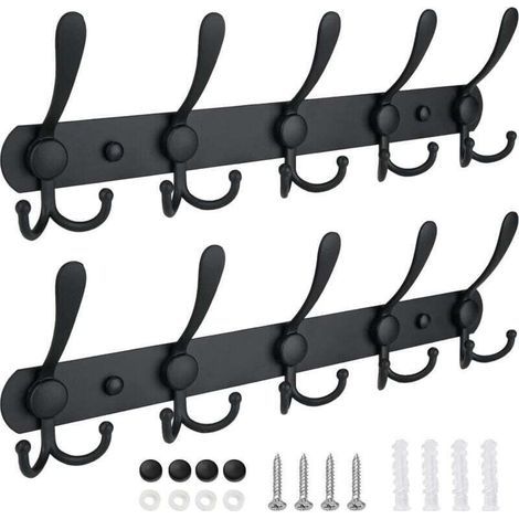 Wandgarderobe mit 5 Haken, robustes Metall, für Eingangsbereich oder Garderobe, mattschwarz, 2er-Pack (1/5)