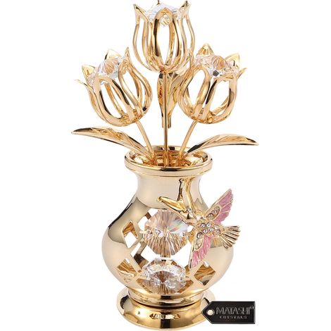 Tulipes dans Un Vase, Magnifiquement conçue, décoration de Table, trempée dans Un Alliage d'or 24 carats, avec de véritables Cristaux et Vinyle, Cristal Transparent, colibris (1/5)