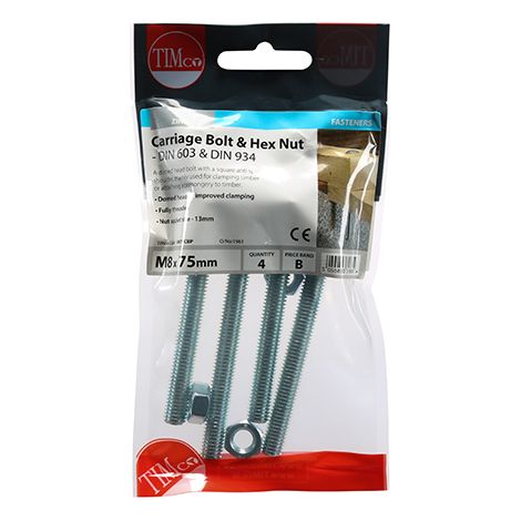 TIMCO Carriage Bolts DIN603 & Hex Full Nut DIN934 Silver - M8 x 75