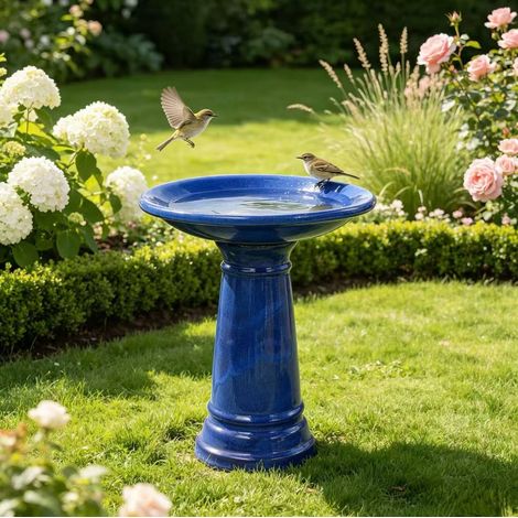 Bagno per uccelli in ceramica Ø 31,5 x H 38 cm blu brillante, stabile per giardino e balcone (1/5)