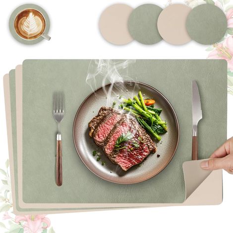 Lot de 4 sets de table lavables et antidérapants en cuir PU double face, 43x30cm, vert clair et beige. (1/5)