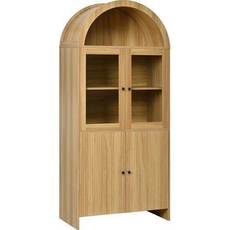 Credenza alta con ante in vetro, mobile contenitore in legno naturale con motivo ondulato (1/5)