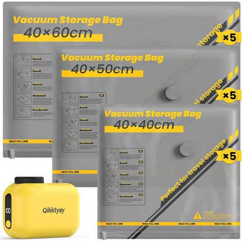 Sac Sous Vide Vetement avec Pompe Sans Fil, 15 Pièces Sac Compression Voyage (540x40cm, 540x50cm, 540x60cm), Gain de 80 % d'espace, Convient pour Les Valises de Voyage et Le Rangement à Domicile (1/5)