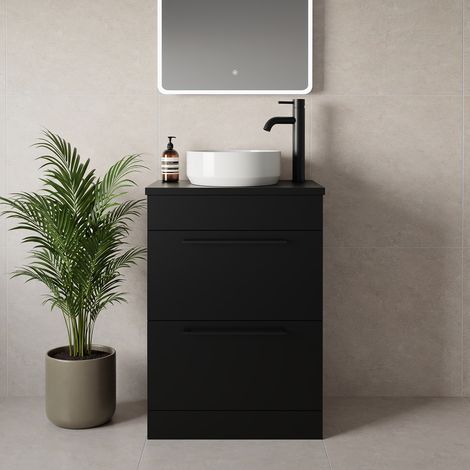 Napoli 390 Matt Black 600mm 2 Drawer Vanity Unit for Countertop Basins - 600mm - Matt Black 320mm Handle
