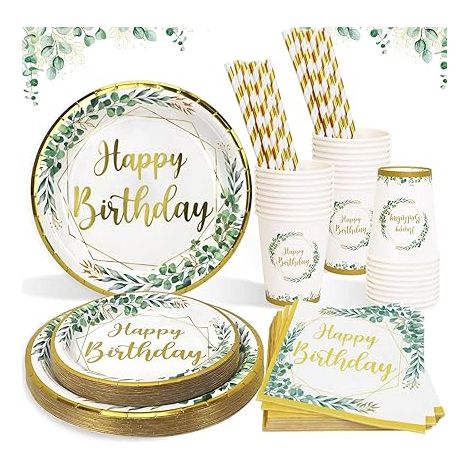 Set Vaisselle Anniversaire Verte pour Invités de Fête Assiette Vert Sauge Serviette Pailles Tasse Decoration Garçons Filles Femmes (1/5)