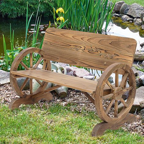 Outsunny 2-Sitzer Gartenbank Massivholz mit Armlehne, Sitzbank mit Wagenräder-Design, Gartenmöbel 250kg belastbar, Rustikale Bank, 114 x 58 x 80 cm, Braun